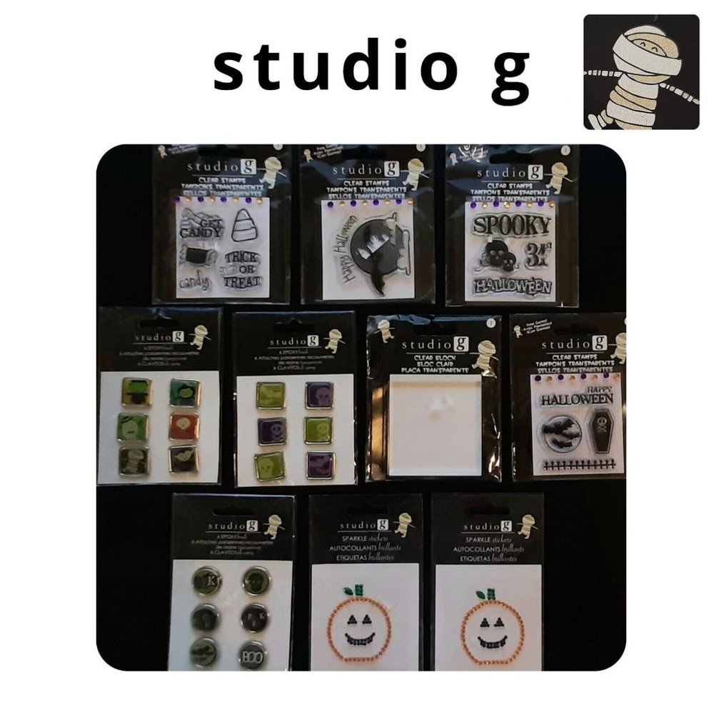 STUDIO G 10 PC SET Lot HALLOWEEN Clear Stamps CRAFTS Epoxy Brads Scrapbooking